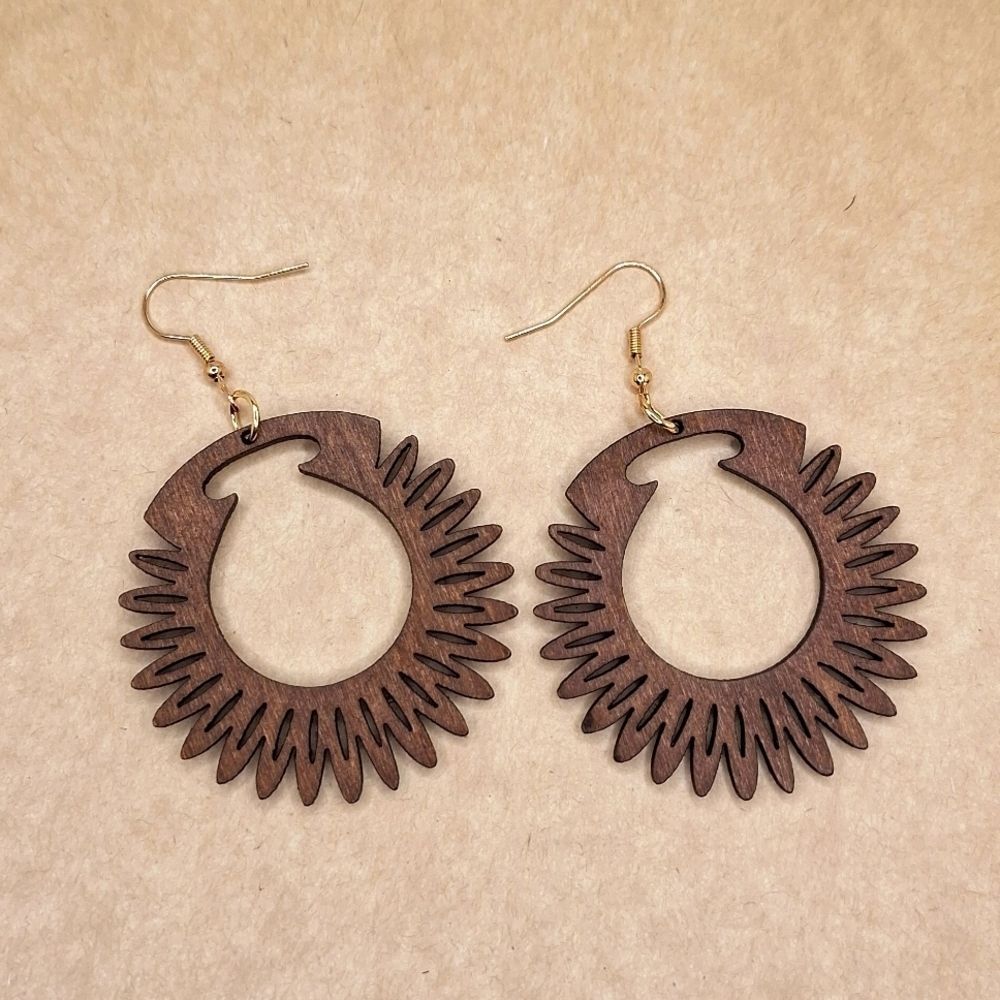 Brown wood round hollowed fan earrings